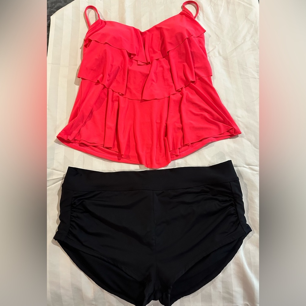 L / XL swim suit. Tankini.  Hipster Brief. Coral top, black bottom from Target.